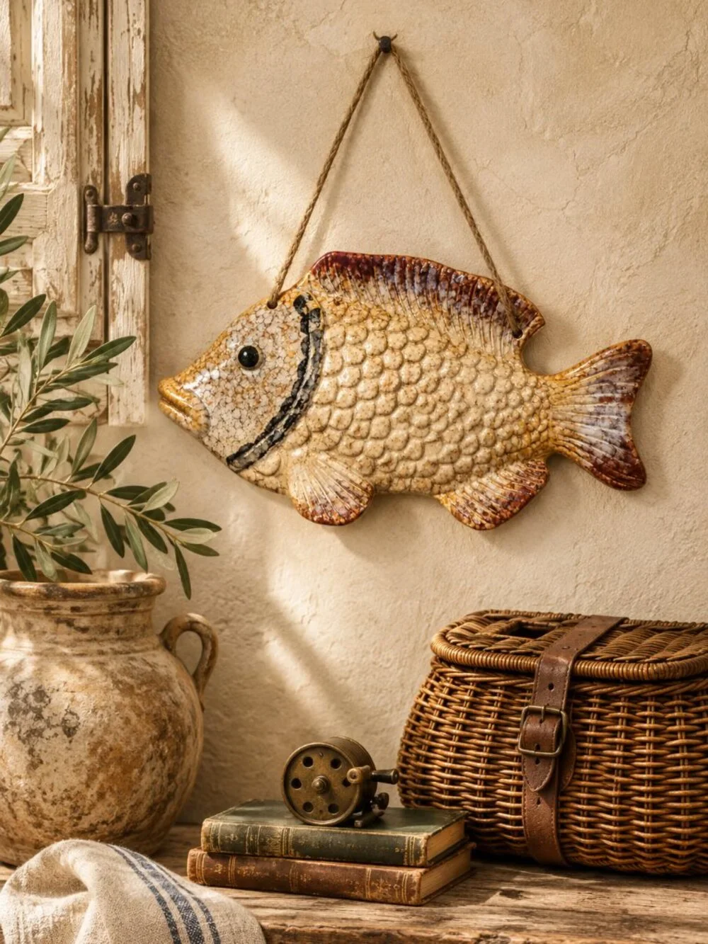 Vintage Hand Painted Fish Wall Hanging Coastal Folk Art Pottery Decor